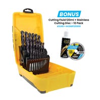 Alpha 25PC Stainless Plus Metric Tuffbox Drill Set with BONUS Liquid Gold Cutting Fluid 120ml and Stainless Cutting Disc - 10 Pack